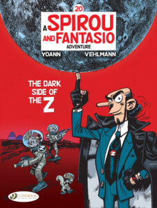 The villain Zorglub holds the moon up on one finger while Spirou, Fantasio and Pip patrol the lunar surface in spacesuits behind him