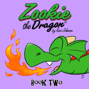 Head of Zookie the Dragon is reaching in from the right and breathing fire.