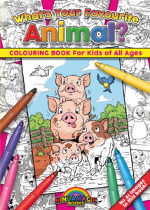 A colouring-in picture of cute cartoon pigs, partially coloured, with colouring pens scattered around the edges.