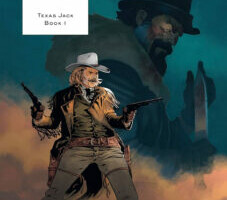 A gunslinger, with guns drawn, poses before the shadowy figure of a villain