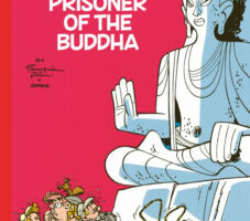 Spirou, Fantasio, and American inventor, Spip the squirrel and the Marsupilami are shown escaping from a giant stone Buddha.